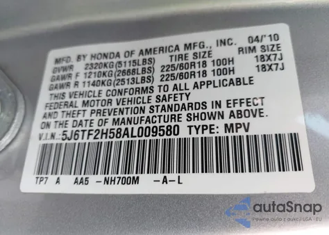 2010 Honda Accord Crosstour Ex-L from USA, damaged, VIN 5J6TF2H58AL009580